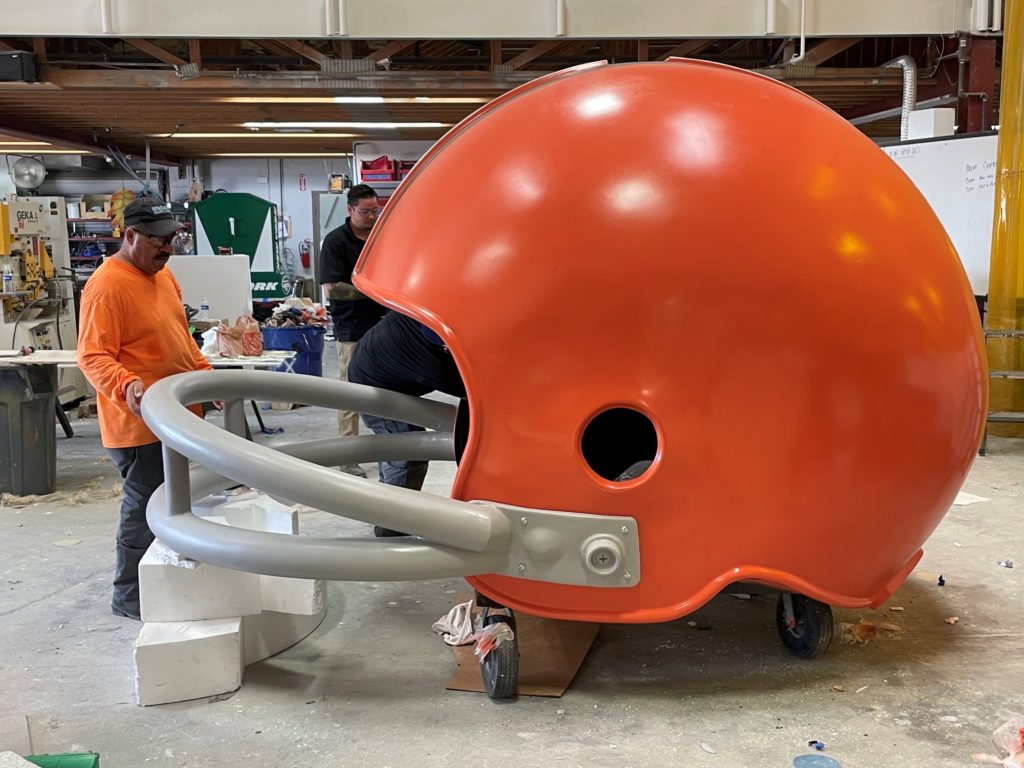 7 x 12 Foot football helmets for Cleveland Browns pre-game player runout 3D printed on Massivit 5000 by Water FX